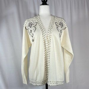 VINTAGE LAMBSWOOL Angora Embellished Embroidered  Beaded Open Front Cardigan -M